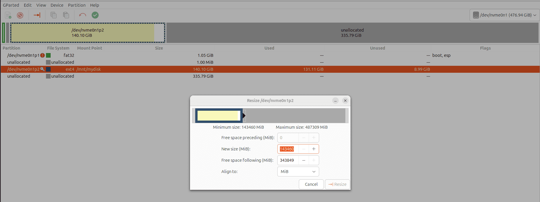 Partition giving all unmounted space
